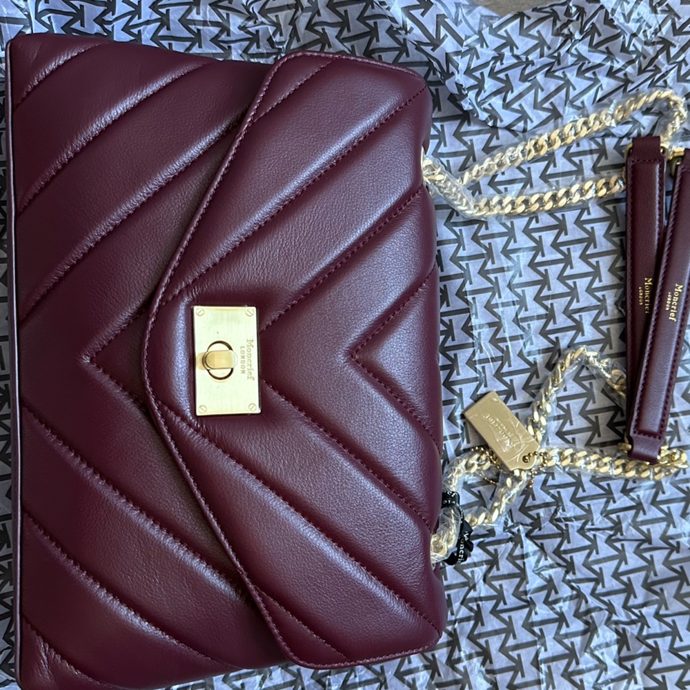 Viral MONCRIEF LONDON Cathryn Bordeaux Leather Flap Over Quilted Tote NWT - Picture 9 of 14